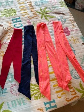 Set of Four Skinny Scarves/hesdband in red, Navy & Coral